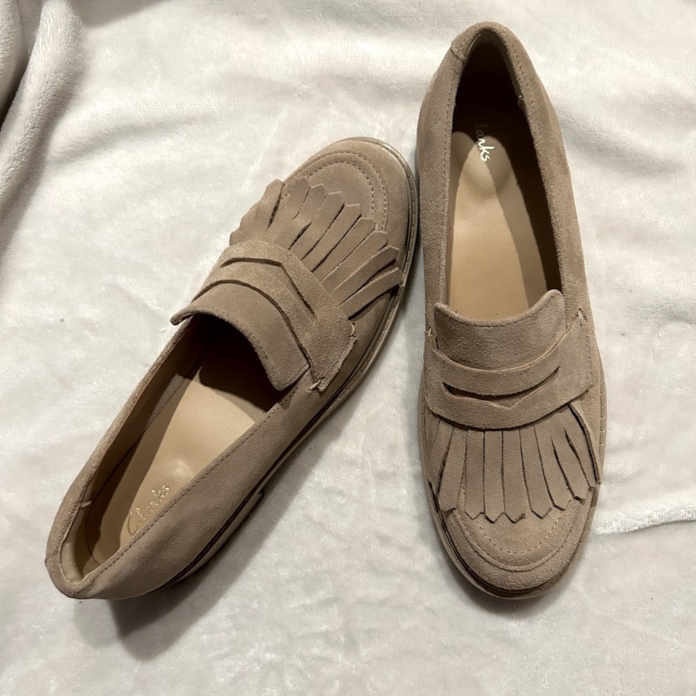 Clarks loafers  - worn once. Tan, size 9.5